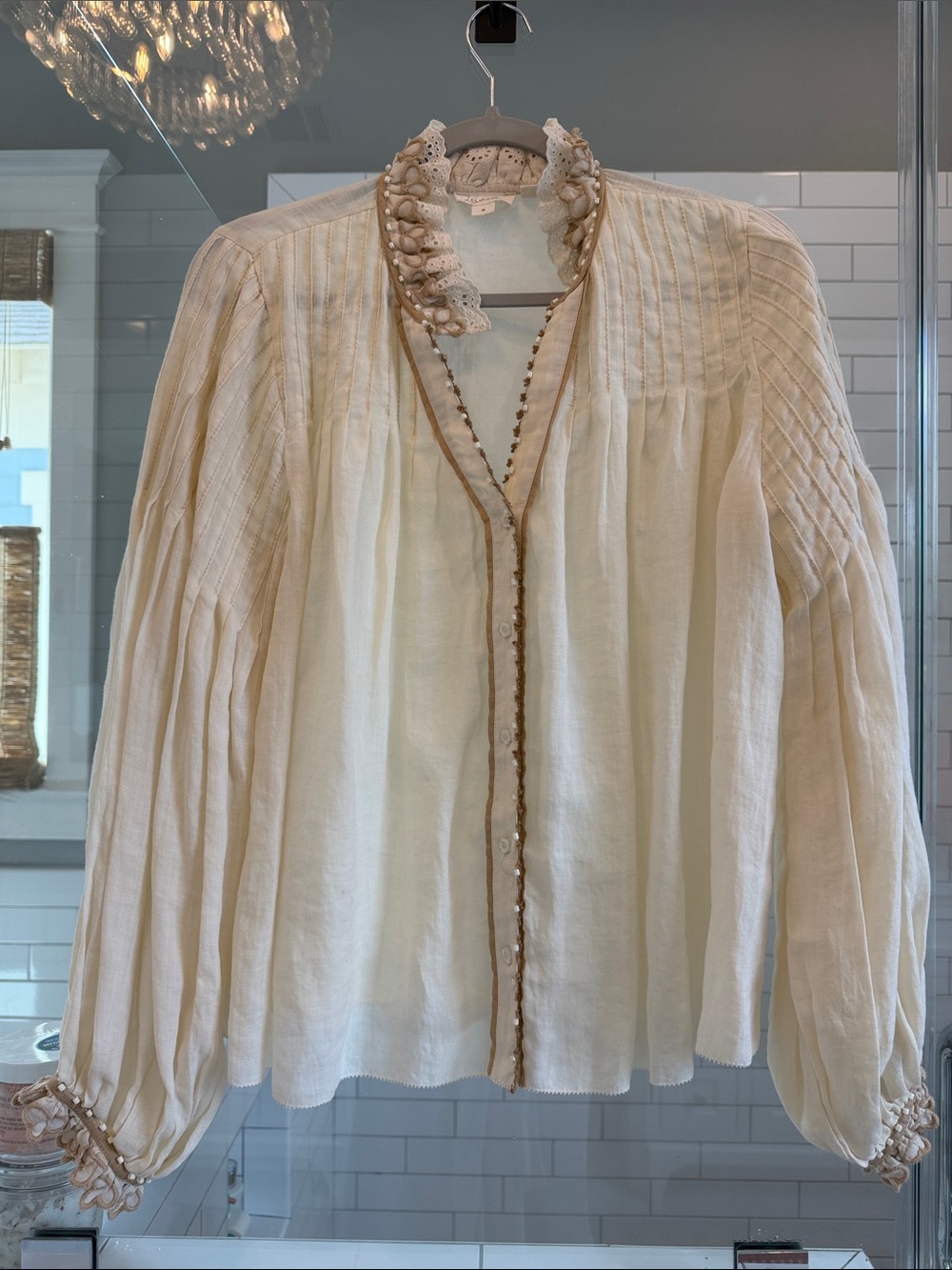 Cream Peasant Blouse with Lace-Trim Collar